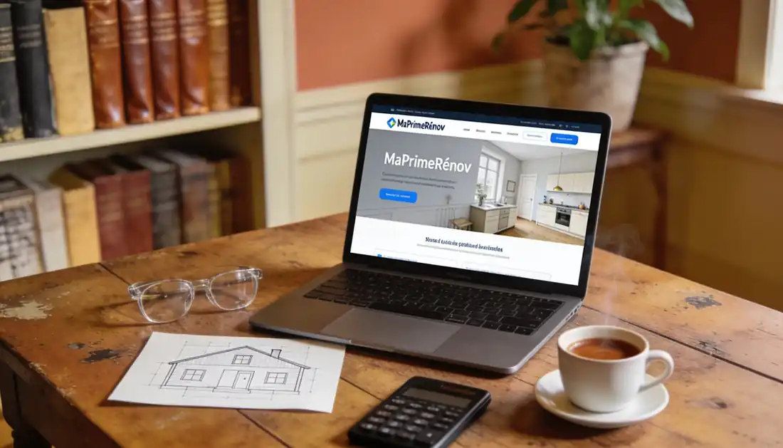 Formulaire MaPrimeRénov avec calculatrice, plans et documents administratifs sur table en bois