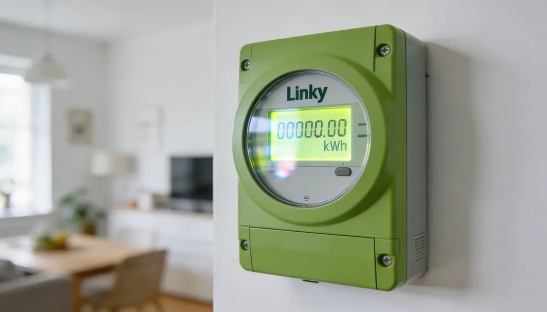 Compteur Linky vert affichant production solaire en temps réel, autoconsommation maison
