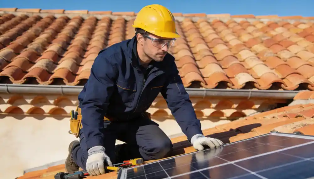 Installateur RGE QualiPV professionnel équipé harnais et casque sur toiture en train de poser un panneau solaire