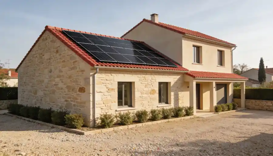 Maison française moderne équipée de panneaux solaires monocristallins en surimposition sur toit en tuiles